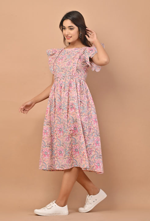 Pink Puffer Hand Block Print Cotton Dress (CRD06)